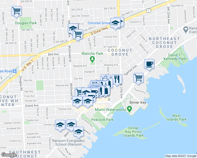 map of restaurants, bars, coffee shops, grocery stores, and more near 3229 Virginia Street in Miami