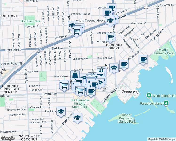 map of restaurants, bars, coffee shops, grocery stores, and more near 3050 Lime Court in Miami