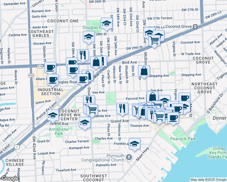 map of restaurants, bars, coffee shops, grocery stores, and more near 3478 Day Avenue in Miami