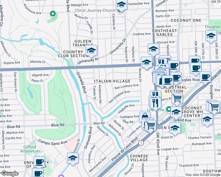 map of restaurants, bars, coffee shops, grocery stores, and more near 4401 Palmarito Street in Coral Gables
