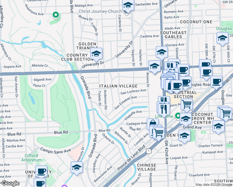 map of restaurants, bars, coffee shops, grocery stores, and more near 4401 Palmarito Street in Coral Gables