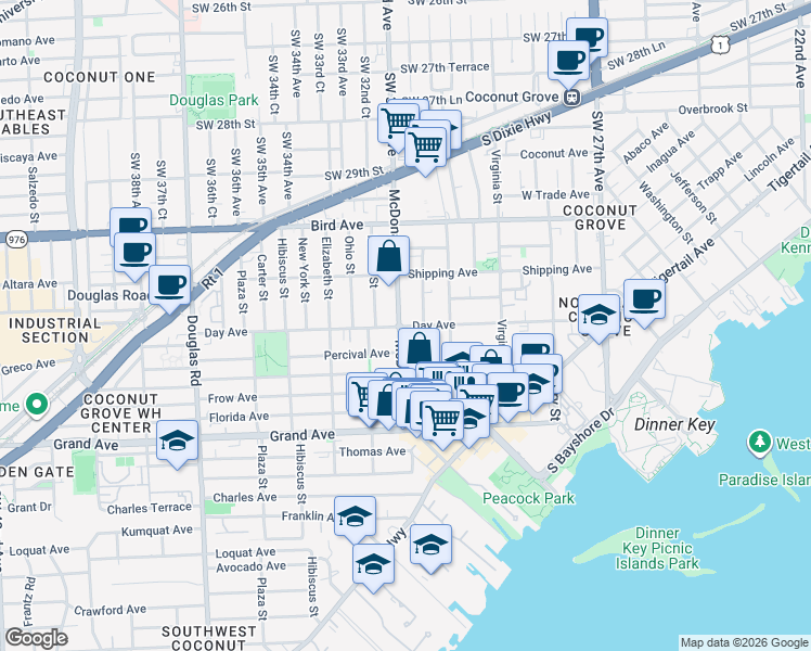 map of restaurants, bars, coffee shops, grocery stores, and more near 3193 Day Avenue in Miami
