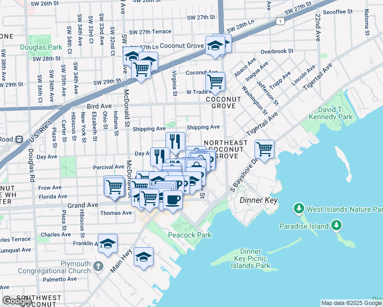 map of restaurants, bars, coffee shops, grocery stores, and more near 3229 Virginia Street in Miami