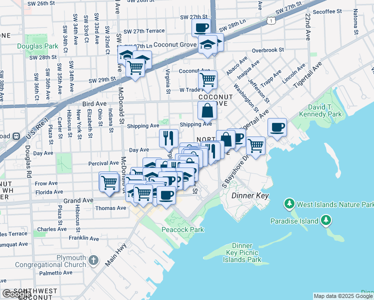 map of restaurants, bars, coffee shops, grocery stores, and more near 3229 Mary Street in Miami