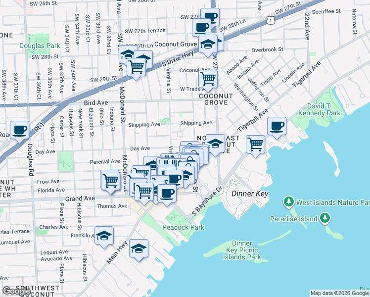 map of restaurants, bars, coffee shops, grocery stores, and more near 3229 Virginia Street in Miami