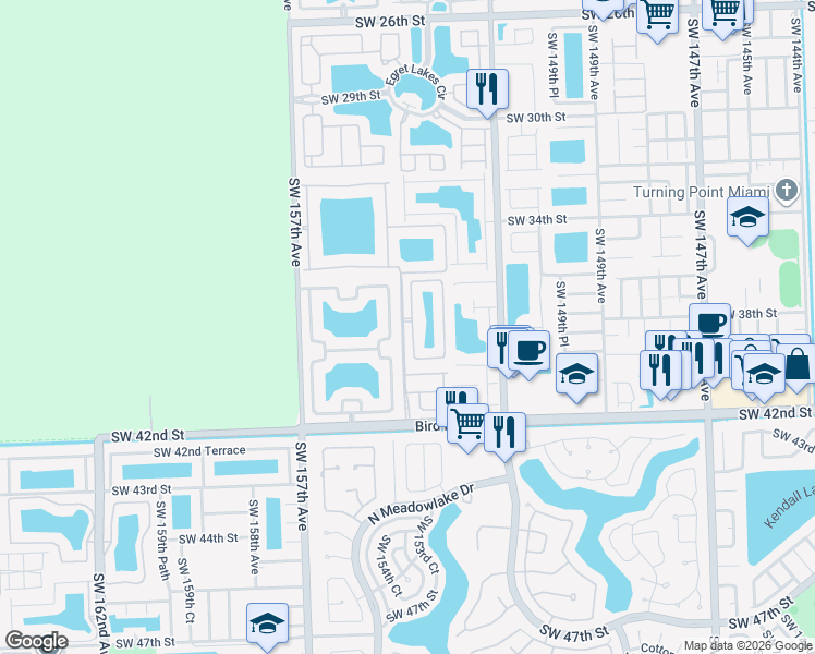 map of restaurants, bars, coffee shops, grocery stores, and more near 3872 Southwest 153rd Place in Miami