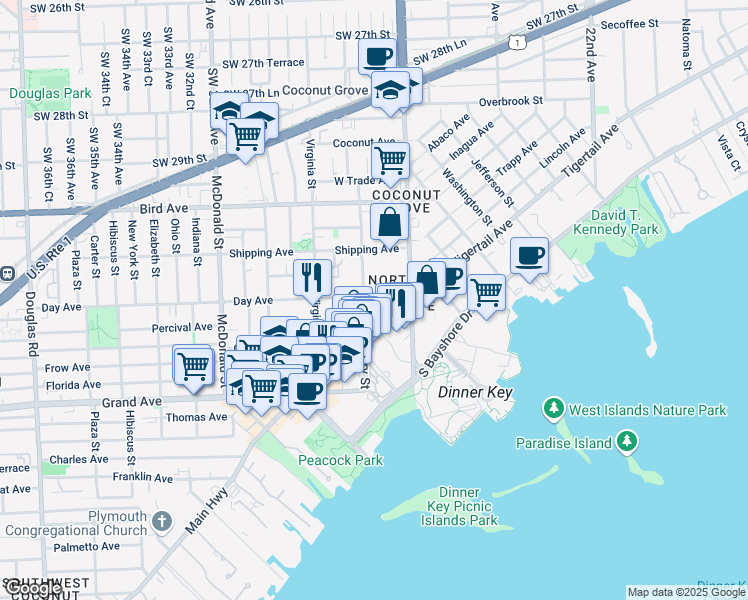 map of restaurants, bars, coffee shops, grocery stores, and more near 3229 Mary Street in Miami