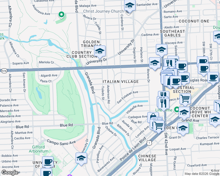 map of restaurants, bars, coffee shops, grocery stores, and more near 4410 Monserrate Street in Miami