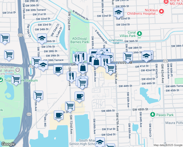 map of restaurants, bars, coffee shops, grocery stores, and more near 4150 Southwest 69th Avenue in Miami