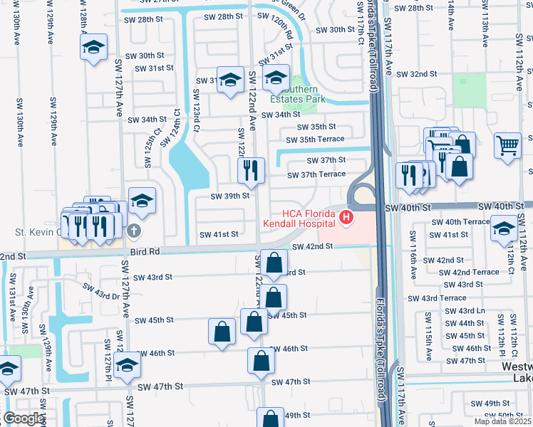 map of restaurants, bars, coffee shops, grocery stores, and more near 4050 Southwest 121st Avenue in Miami