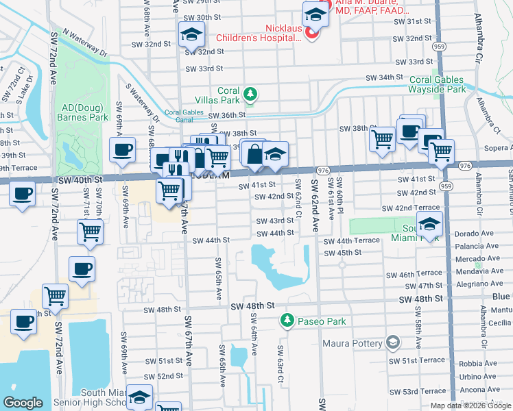 map of restaurants, bars, coffee shops, grocery stores, and more near 6367 Southwest 43rd Street in Miami
