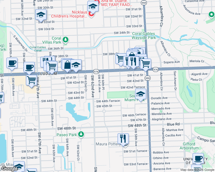 map of restaurants, bars, coffee shops, grocery stores, and more near 4280 Southwest 60th Court in Miami