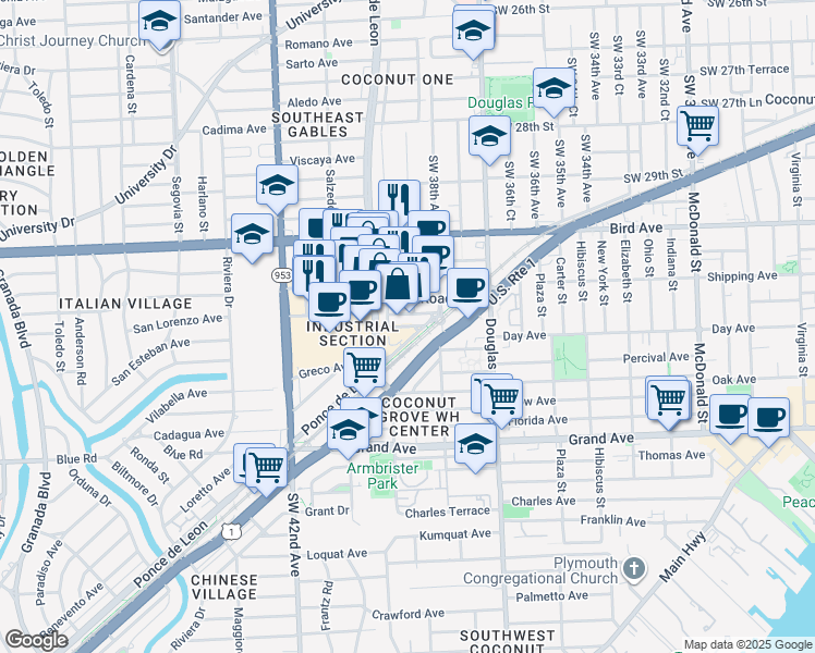 map of restaurants, bars, coffee shops, grocery stores, and more near 135 San Lorenzo Avenue in Coral Gables