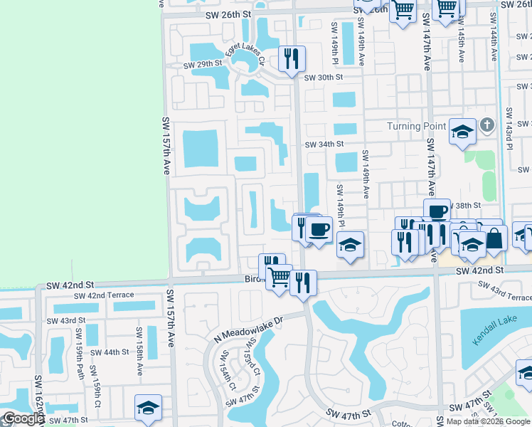 map of restaurants, bars, coffee shops, grocery stores, and more near 3707 Southwest 153rd Court in Miami