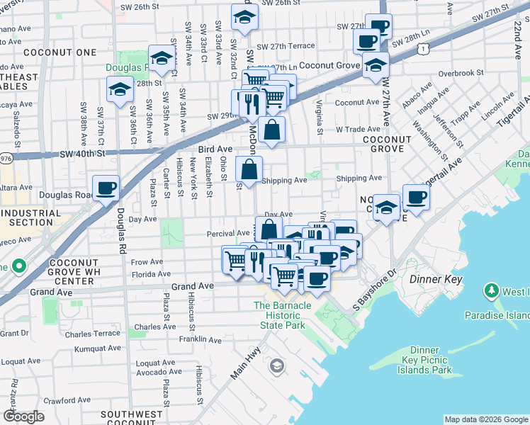map of restaurants, bars, coffee shops, grocery stores, and more near 3161 Day Avenue in Miami