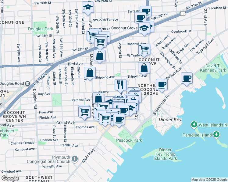 map of restaurants, bars, coffee shops, grocery stores, and more near 3050 Orange Street in Miami