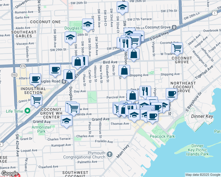 map of restaurants, bars, coffee shops, grocery stores, and more near 3152 Elizabeth Street in Miami