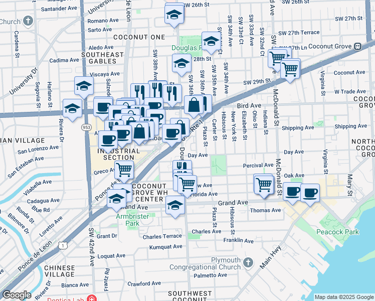 map of restaurants, bars, coffee shops, grocery stores, and more near 3150 Mundy Street in Miami