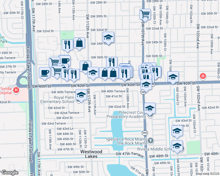 map of restaurants, bars, coffee shops, grocery stores, and more near 10975 Southwest 40th Street in Miami