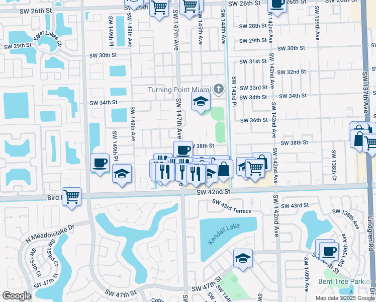 map of restaurants, bars, coffee shops, grocery stores, and more near 14704 Southwest 37th Street in Miami