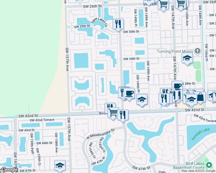 map of restaurants, bars, coffee shops, grocery stores, and more near 3707 Southwest 153rd Court in Miami