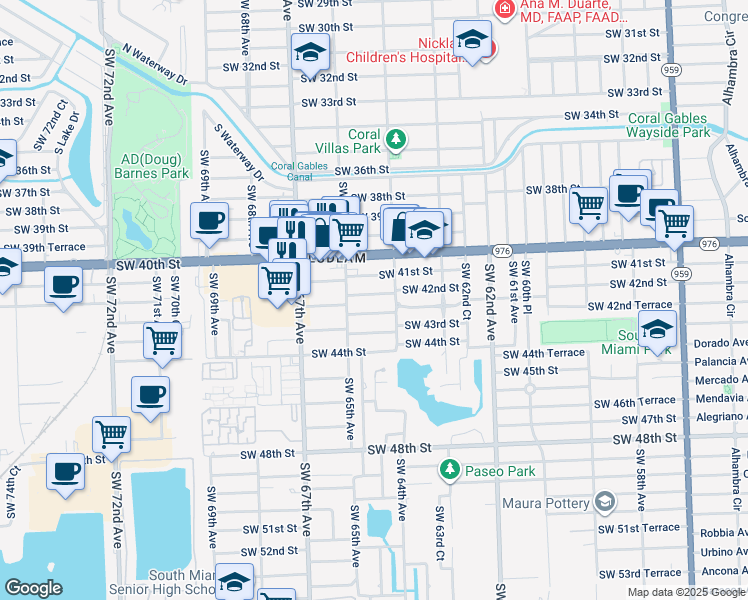map of restaurants, bars, coffee shops, grocery stores, and more near 6434 Southwest 41st Street in Miami