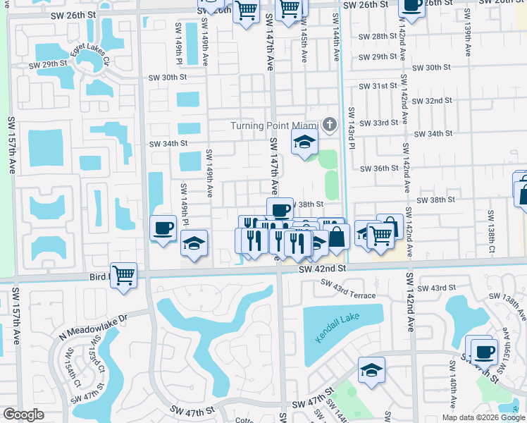 map of restaurants, bars, coffee shops, grocery stores, and more near 3746 Southwest 147th Court in Miami