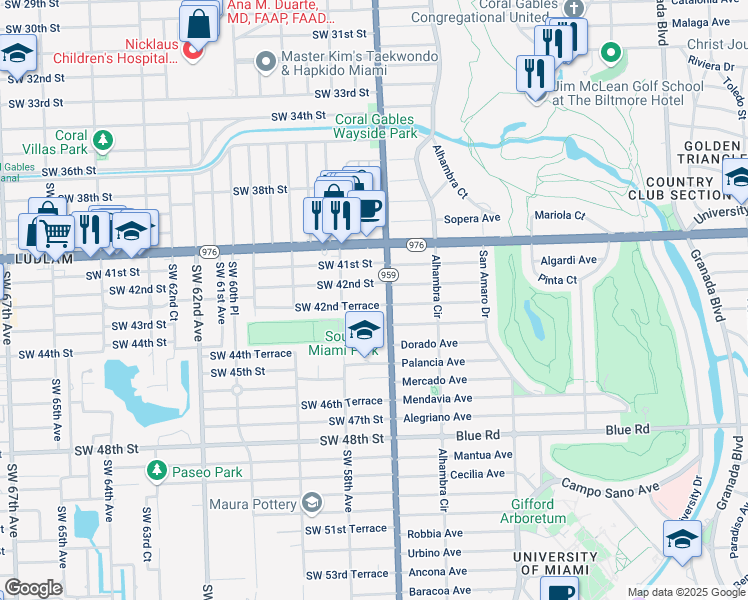 map of restaurants, bars, coffee shops, grocery stores, and more near 5723 Southwest 42nd Terrace in Miami