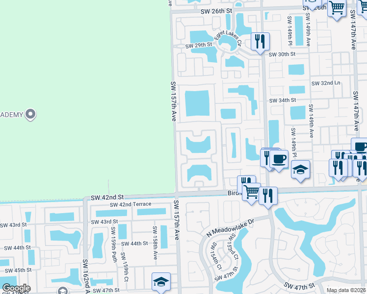 map of restaurants, bars, coffee shops, grocery stores, and more near 15524 Southwest 36th Terrace in Miami