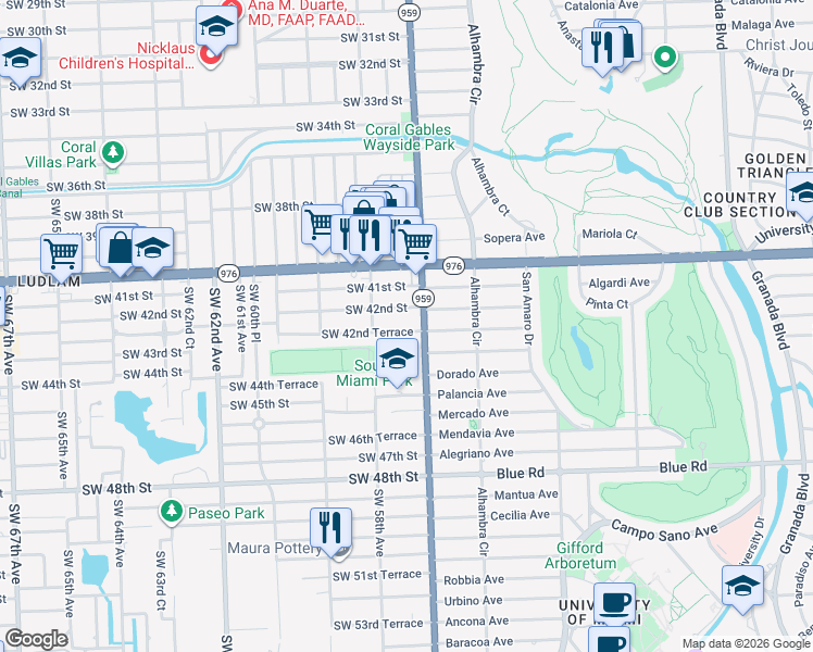 map of restaurants, bars, coffee shops, grocery stores, and more near 5723 Southwest 42nd Terrace in Miami