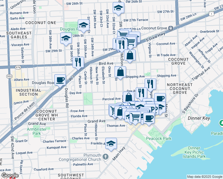 map of restaurants, bars, coffee shops, grocery stores, and more near 3148 Indiana Street in Miami