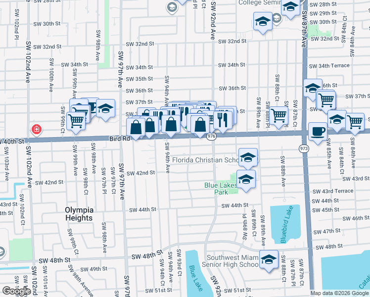 map of restaurants, bars, coffee shops, grocery stores, and more near 9300 Southwest 40th Street in Miami