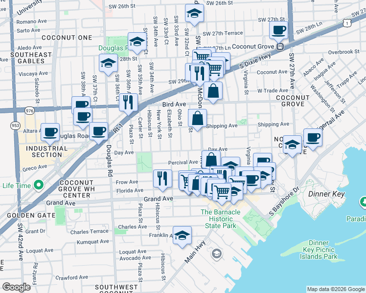 map of restaurants, bars, coffee shops, grocery stores, and more near 3148 Indiana Street in Miami