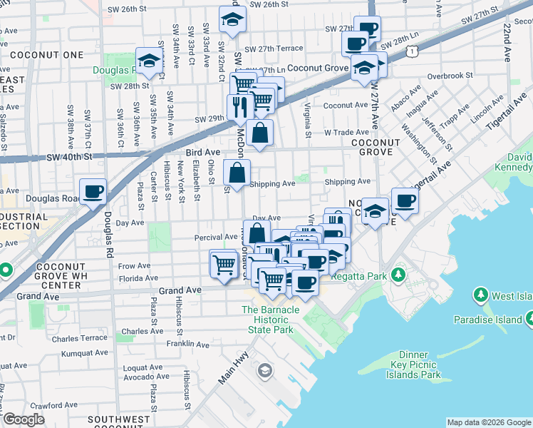 map of restaurants, bars, coffee shops, grocery stores, and more near 3162 Matilda Street in Miami