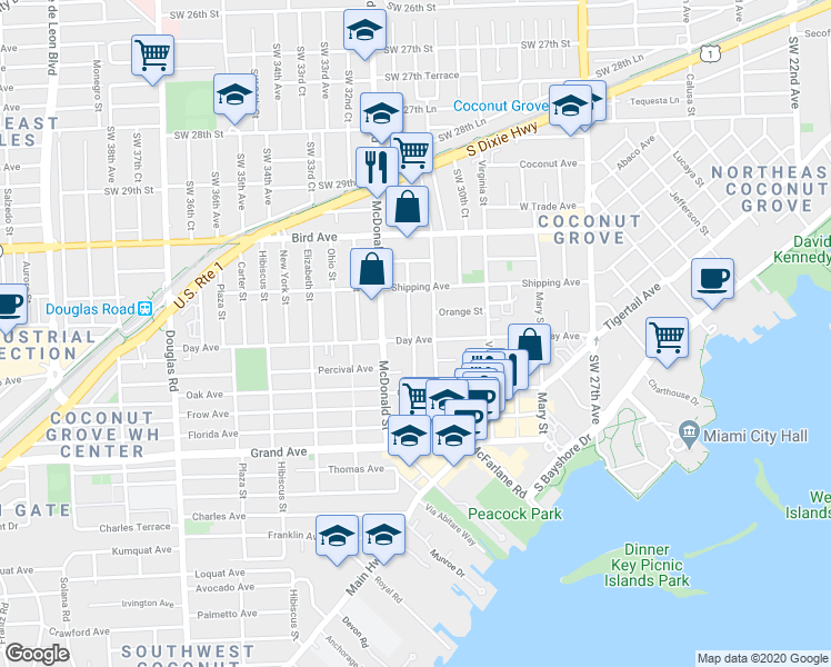 map of restaurants, bars, coffee shops, grocery stores, and more near 3162 Matilda Street in Miami