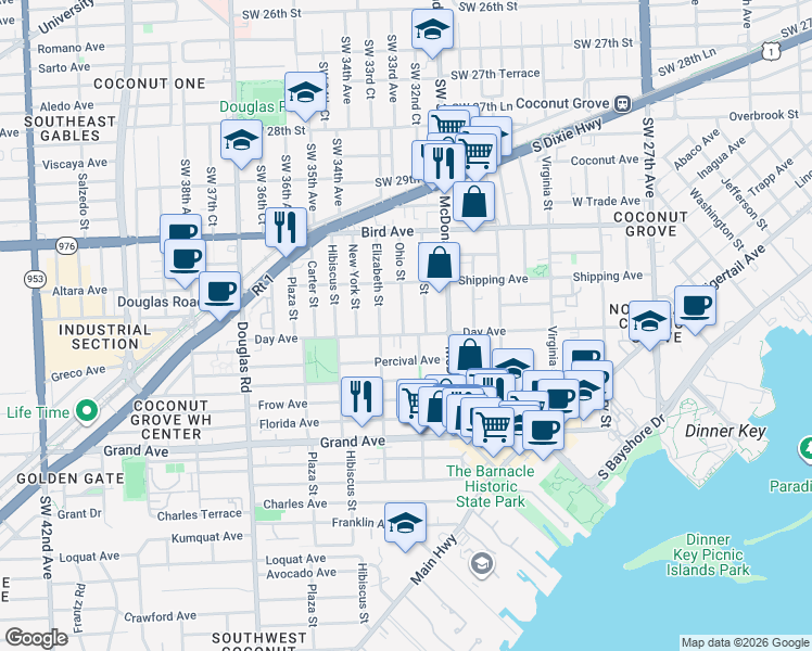 map of restaurants, bars, coffee shops, grocery stores, and more near 3148 Indiana Street in Miami