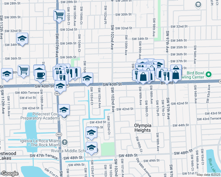 map of restaurants, bars, coffee shops, grocery stores, and more near 10140 Southwest 40th Street in Miami