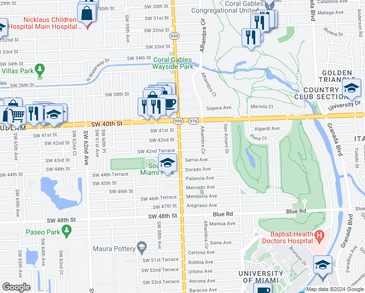 map of restaurants, bars, coffee shops, grocery stores, and more near 4245 South Red Road in Miami