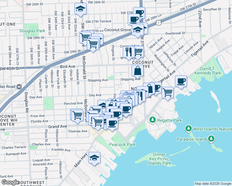 map of restaurants, bars, coffee shops, grocery stores, and more near 2997 Day Avenue in Miami