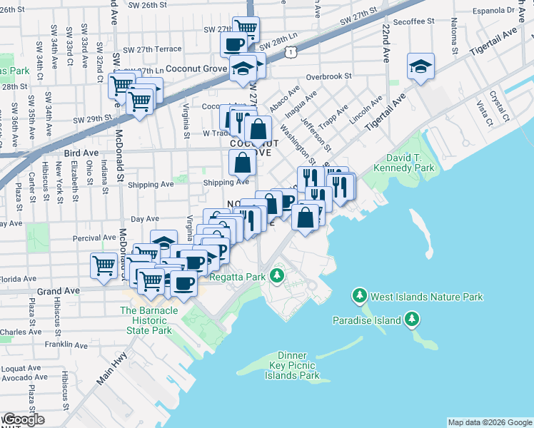 map of restaurants, bars, coffee shops, grocery stores, and more near 2678 Tigertail Avenue in Miami