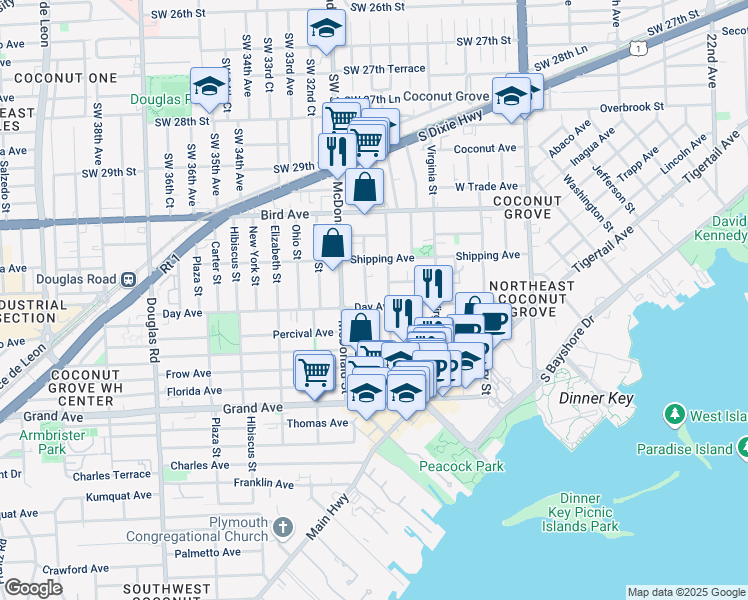 map of restaurants, bars, coffee shops, grocery stores, and more near 3162 Matilda Street in Miami