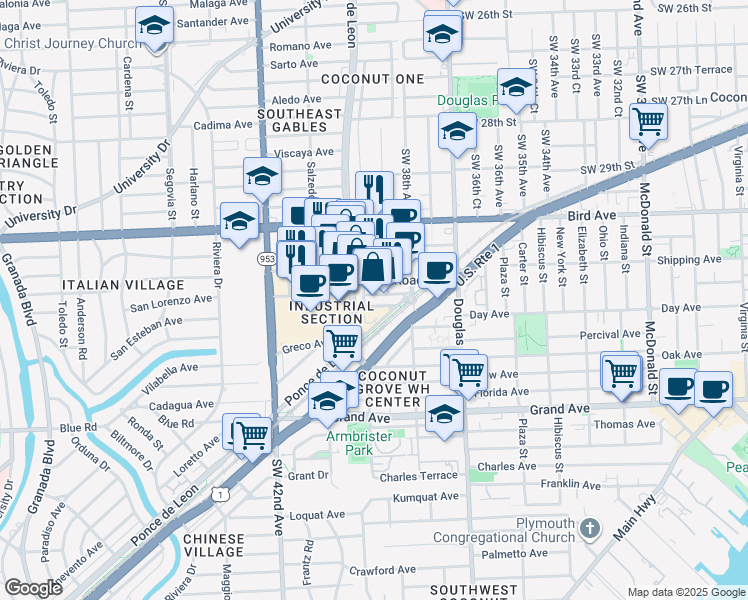 map of restaurants, bars, coffee shops, grocery stores, and more near 135 San Lorenzo Avenue in Coral Gables