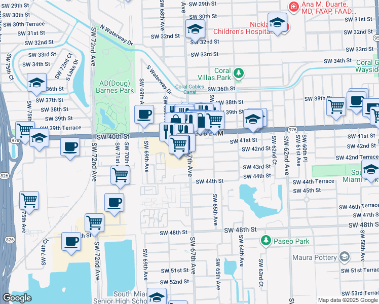 map of restaurants, bars, coffee shops, grocery stores, and more near 4151 Southwest 67th Avenue in Miami