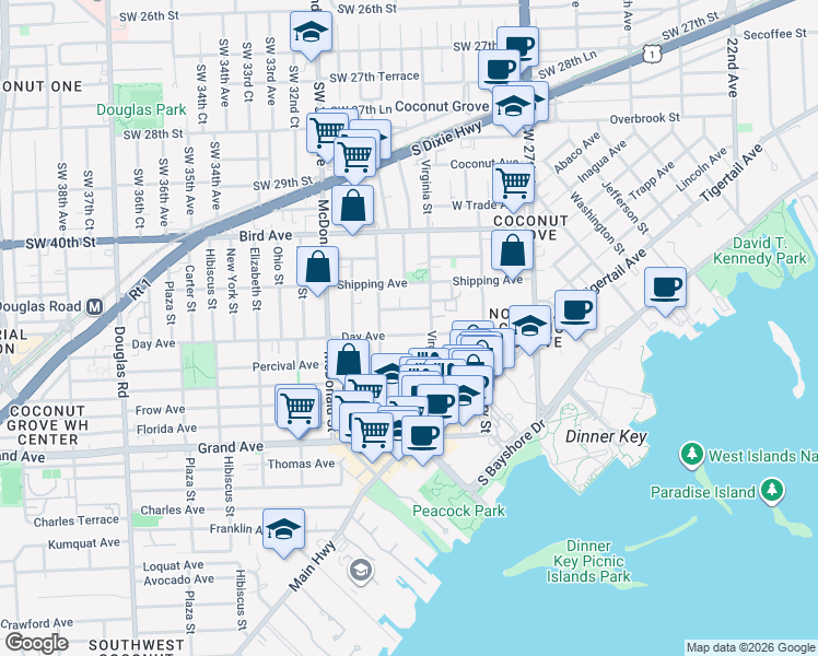 map of restaurants, bars, coffee shops, grocery stores, and more near 3050 Orange Street in Miami