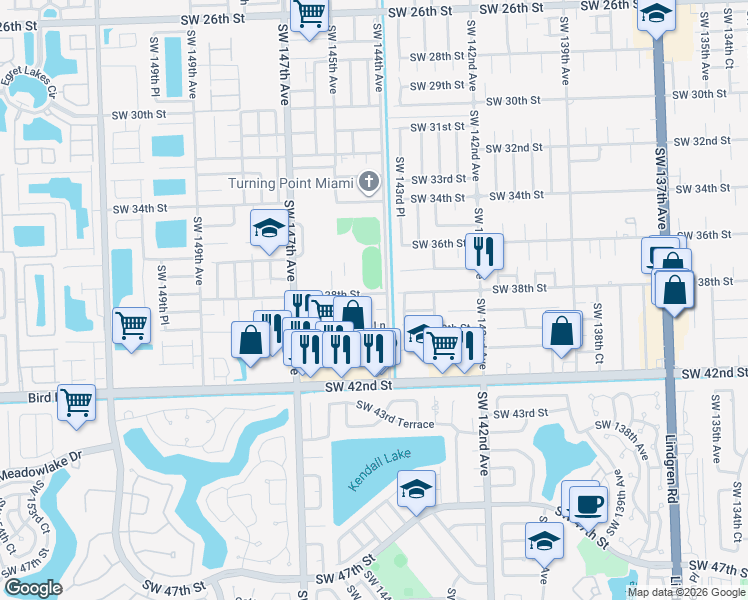 map of restaurants, bars, coffee shops, grocery stores, and more near 14428 Southwest 38th Street in Miami