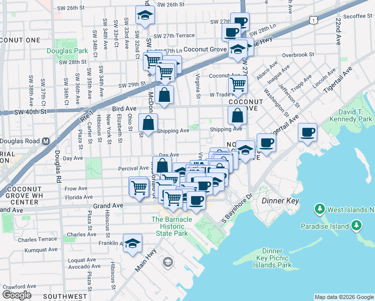 map of restaurants, bars, coffee shops, grocery stores, and more near 3050 Orange Street in Miami