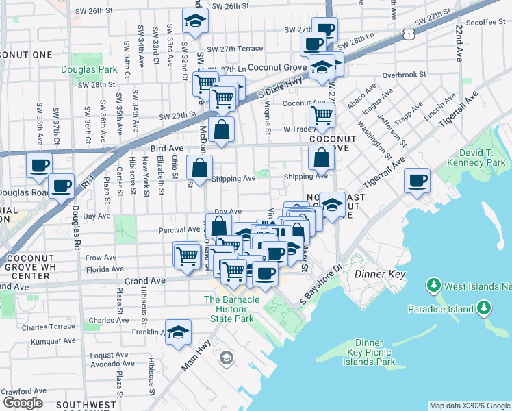 map of restaurants, bars, coffee shops, grocery stores, and more near 3050 Orange Street in Miami