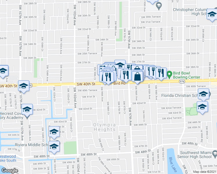 map of restaurants, bars, coffee shops, grocery stores, and more near 9868 Southwest 40th Street in Olympia Heights