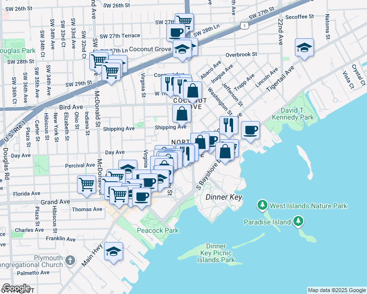 map of restaurants, bars, coffee shops, grocery stores, and more near in Miami