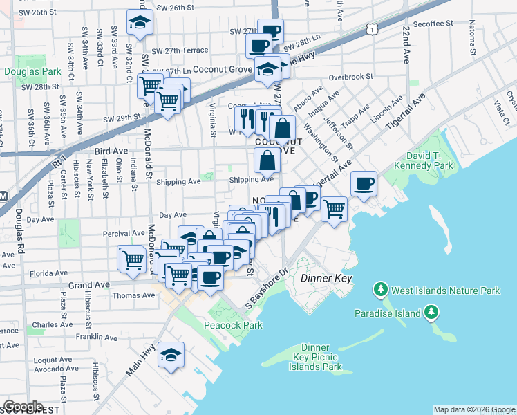 map of restaurants, bars, coffee shops, grocery stores, and more near 3159 Mary Street in Miami
